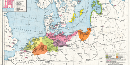 Historische Karte der Hanse um das Jahr 1400 mit den wichtigsten Handelsgebieten, Handelsrouten und Hansestädten in Nord- und Mitteleuropa.