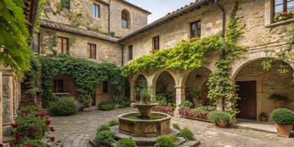 Historischer Innenhof eines Klosters in der Toskana mit Arkaden, Brunnen und mediterraner Bepflanzung.