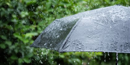 Ein schwarzer Regenschirm ist im Freien im Regen zu sehen, während Wassertropfen auf seine Oberfläche spritzen, vor einem verschwommenen grünen Hintergrund.