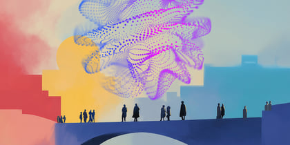 Menschen auf einer Brücke unter einer abstrakten Struktur aus violetten und blauen Punkten, die künstliche Intelligenz symbolisiert.