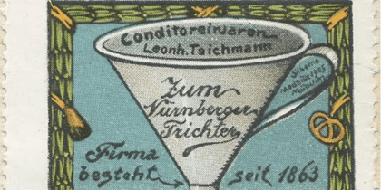 Historische Werbemarke aus dem Jahr 1910 mit dem Nürnberger Trichter, einem traditionellen Symbol der Stadt Nürnberg für Wissen, Bildung und Weisheit.