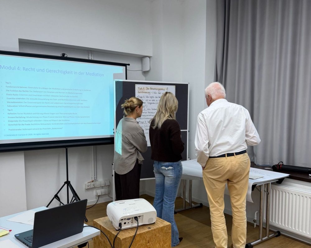 Teilnehmende der Mediationsausbildung in Berlin bei der Gruppenarbeit am Whiteboard
