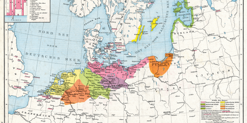 Historische Karte der Hanse um das Jahr 1400 mit den wichtigsten Handelsgebieten, Handelsrouten und Hansestädten in Nord- und Mitteleuropa.