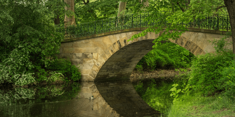 Historische Steinbrücke in einem grünen Park
