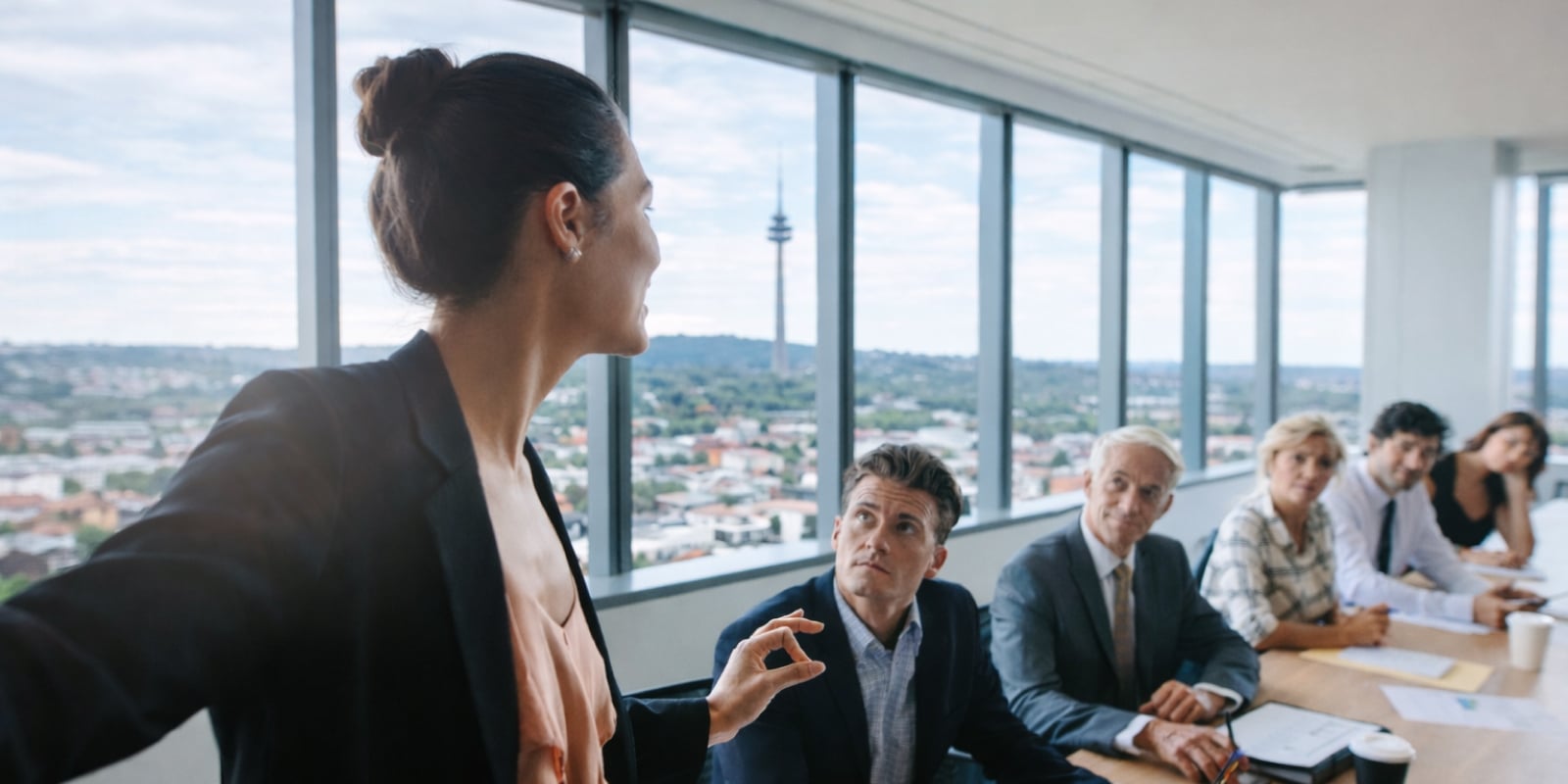 Geschäftsbesprechung in einem modernen Büro mit Blick auf den Stuttgarter Fernsehturm.