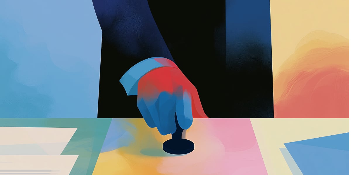 Illustration: Eine Hand drückt einen Stempel auf ein Dokument – Symbol für die zertifizierte Mediationsausbildung nach ZMediatAusbV
