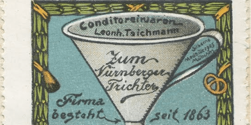 Historische Werbemarke aus dem Jahr 1910 mit dem Nürnberger Trichter, einem traditionellen Symbol der Stadt Nürnberg für Wissen, Bildung und Weisheit.