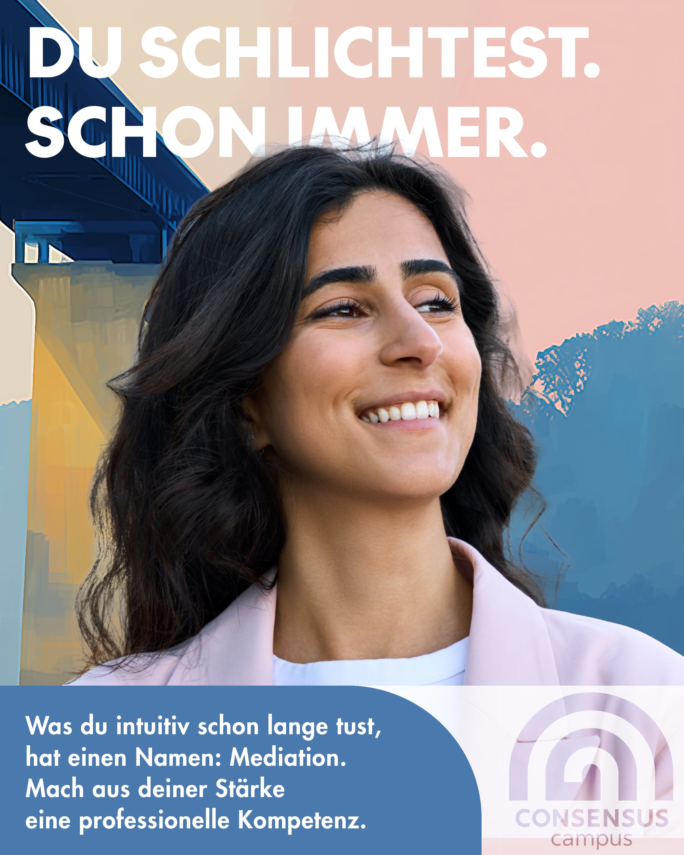 Kampagnenmotiv „Natural Born Mediators“: Andere sehen Konflikte. Du siehst Lösungen. – Lächelnder Mann mit Brille und grünem Pullover